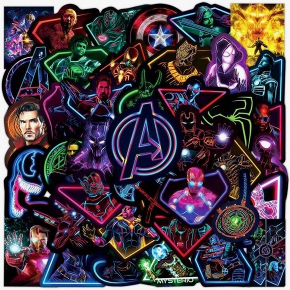 100 Marvel Superhero Avengers Neon Stickers - Vibrant Multicolor - Picture 1 of 5